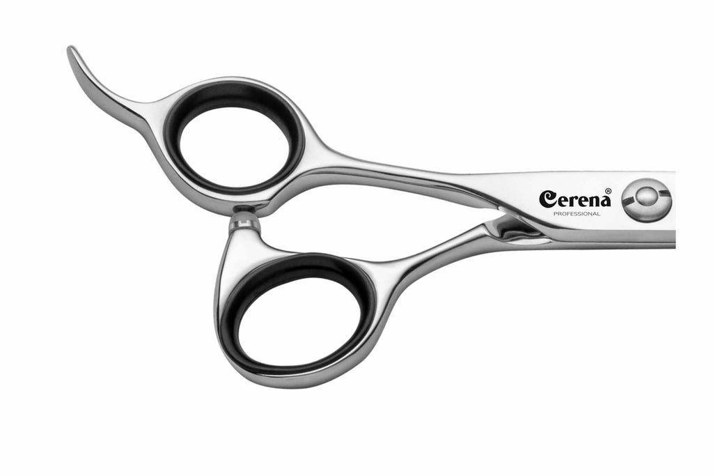 Cerena SCAEVA 7.0" Haarschere, Detailansicht der Scherenaugen und des Fingerhakens